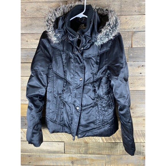 Guess Women's Sz L Black Puffer Jacket Faux Fur Hood Lined Coat - Picture 1 of 13